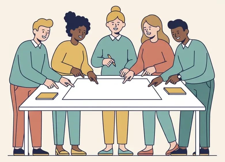 A team gathered around a shared plan, working on it together.